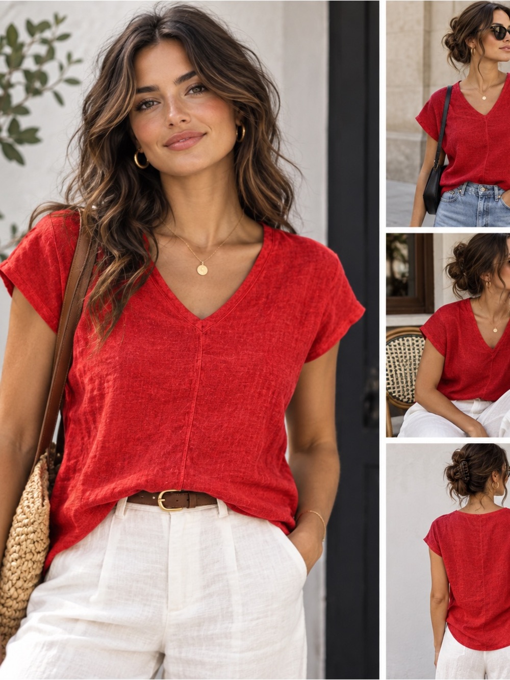 Women’s Red V-Neck Short Sleeve Linen Top Soft Boho Americana Preppy Elevated